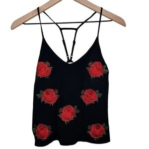 SEEK THE LABEL Black Red Roses Embroidered Rayon Flowy Adjustable Tank Top Sz XS